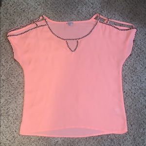 Dressy bright peach top with black sequin accents